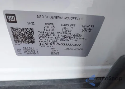 2021 Chevrolet Traverse Fwd Lt Cloth z USA, uszkodzony, nr VIN 1GNERGKWXMJ271077